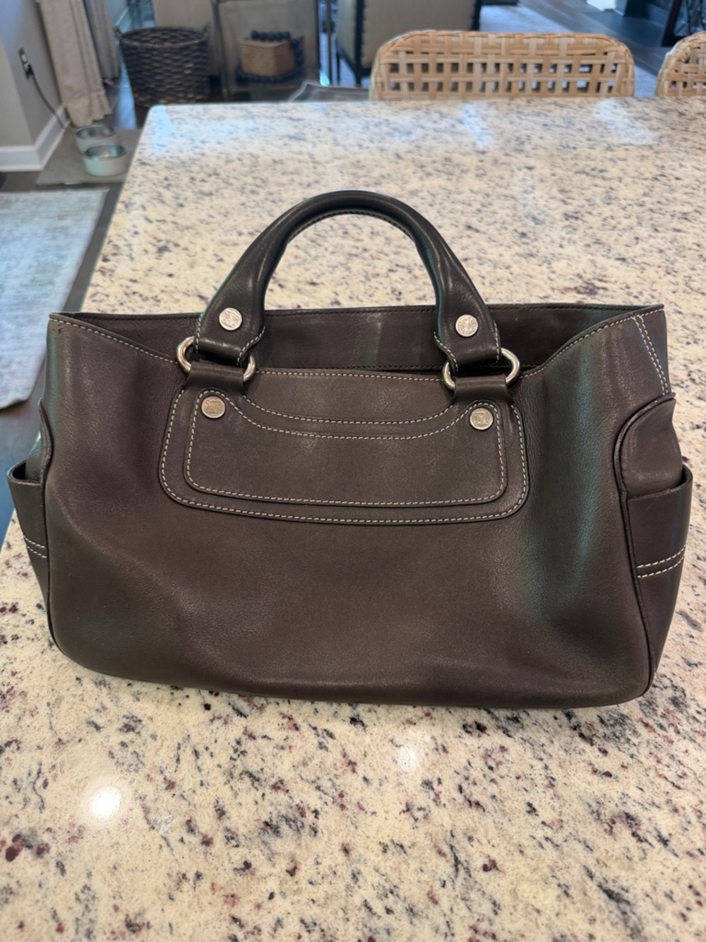 Vintage Celine Boogie Bag - Dark Brown Leather Handbag with Contrast Stitching